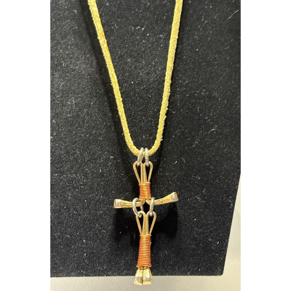Nail Cross Necklace & Copper Wire Wrap Handmade Tan Leather Rope, Charm
